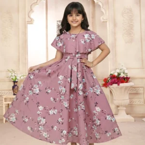 Aarya Designer Girls Maxi/Full Length Party Dress (Purple, Short Sleeve)