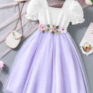 Miss & Chief Girls Midi/Knee Length Party Dress (White, Half Sleeve)