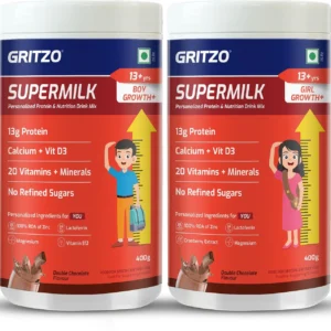 Gritzo SuperMilk Growth+ (13+y Boys & Girls), 13g Protein Powder, Double Chocolate (2 x 400 g)