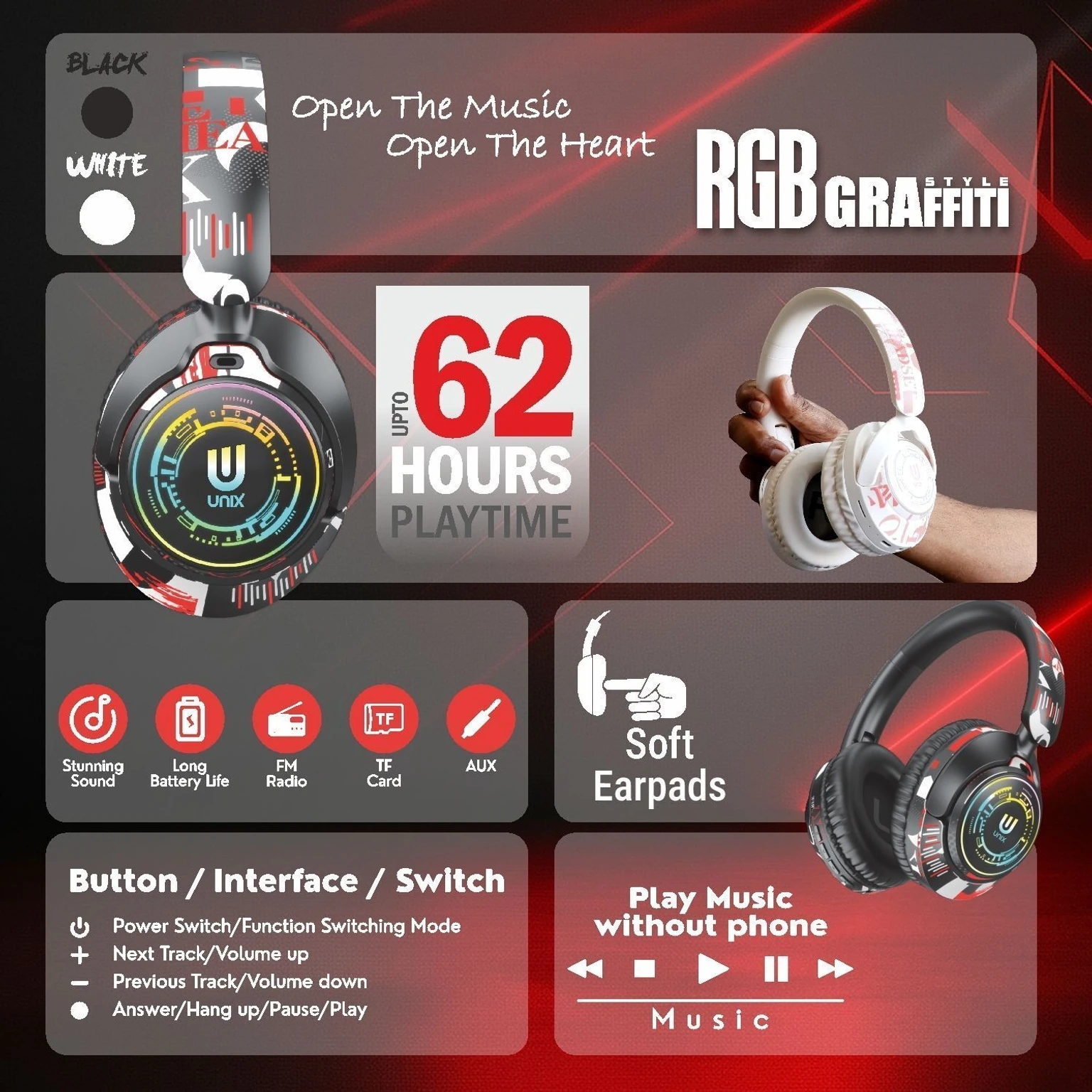Unix Epic Graffit Wireless Over Ear Headphones Upto 62 Hours Playback, 40MM Drivers Bluetooth & Wired Headset (Black, On the Ear) - Image 4