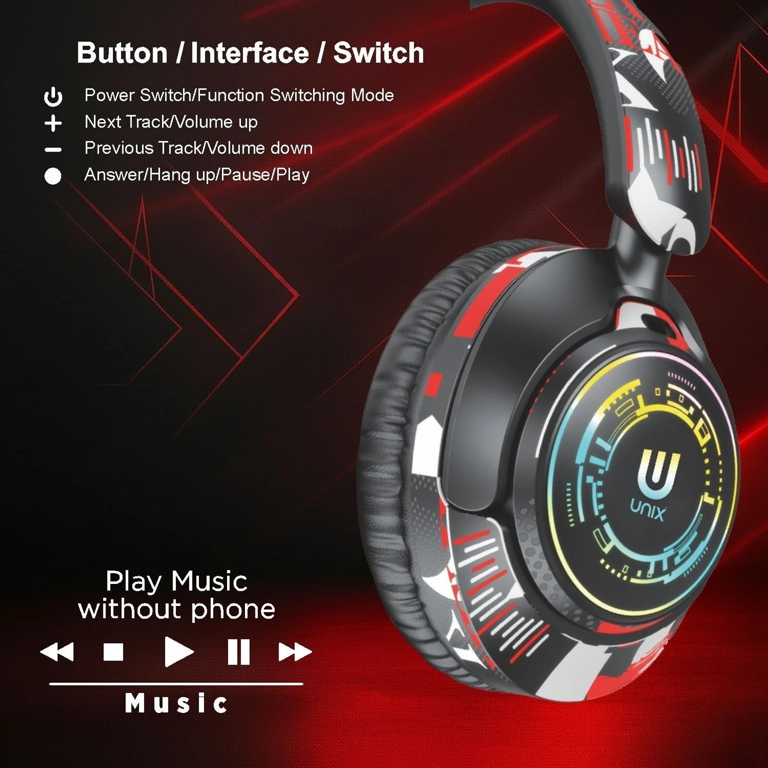Unix Epic Graffit Wireless Over Ear Headphones Upto 62 Hours Playback, 40MM Drivers Bluetooth & Wired Headset (Black, On the Ear) - Image 3