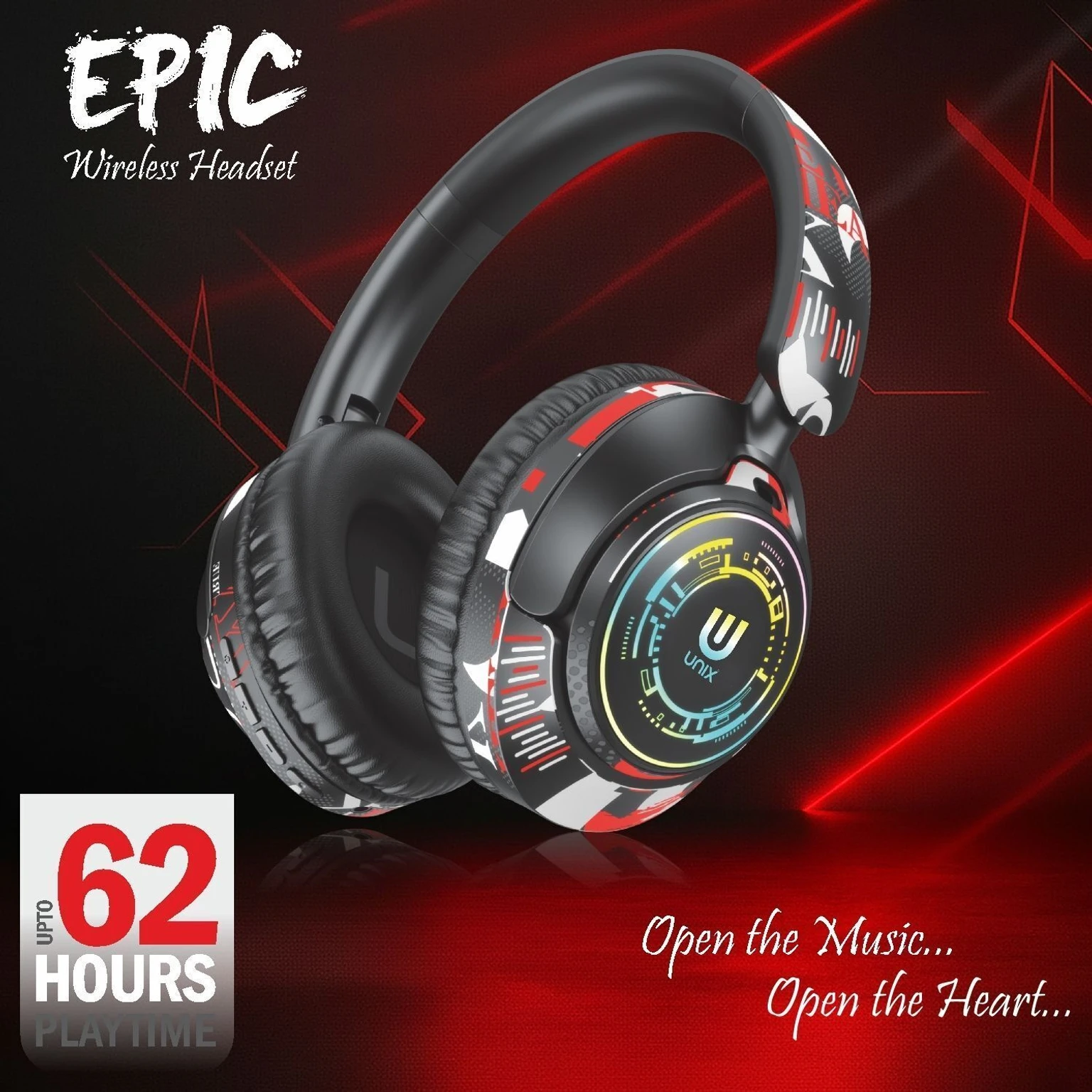 Unix Epic Graffit Wireless Over Ear Headphones Upto 62 Hours Playback, 40MM Drivers Bluetooth & Wired Headset (Black, On the Ear) - Image 2