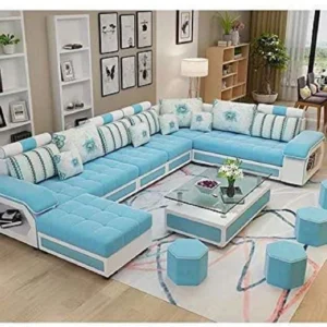 THE CEATSPOT Premium Quality U-Shaped Sectional Sofa with Ottoman for Living Room Velvet Fabric 9 Seater  Sofa (Finish Color - Aqua Blue, DIY(Do-It-Yourself))