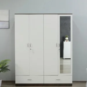 CASPIAN Wooden Almirah for Clothes and Stacking space -Home Furniture Storage Engineered Wood 4 Door Wardrobe (Finish Color - White & Brown With Mirror, Mirror Included, Pre-assembled)